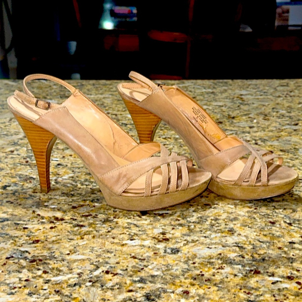 Nine West STUNNER Nude leather strappy sling back heels, 10.5